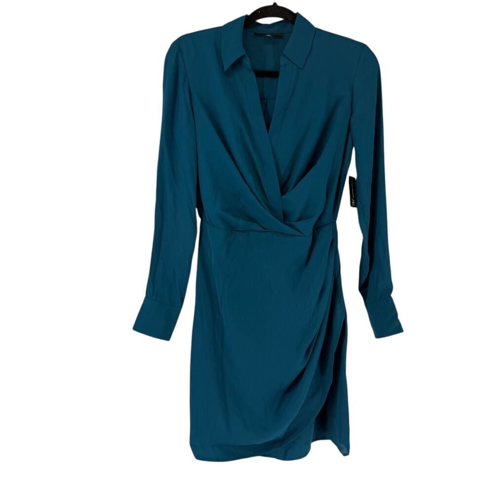 INC Dress Long Sleeve Size XS Mosaic Green Collared Faux Wrap V Neck NEW Draped